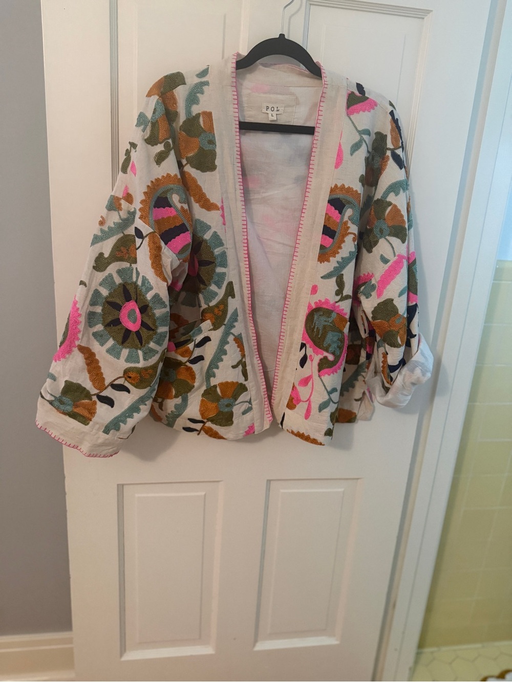 POL White Open-Front Embroidered Jacket with Pink & Olive Accents